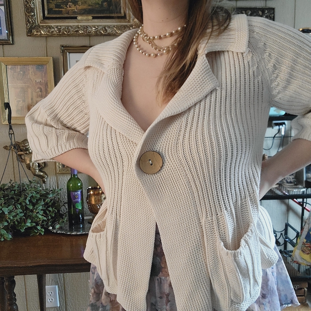 100% Cotton Heavy Knit Sweater Jacket | Cardigan | Ivory Colored | Bell Sleeves